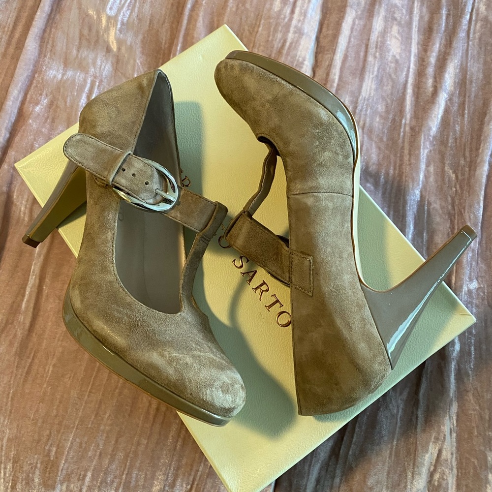 Franco Sarto beige suede platform t-strap heels.